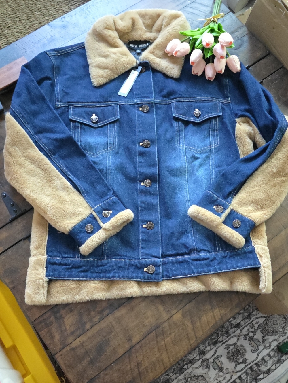 Steve Madden Blue Denim Jacket with Tan Faux-Shearling